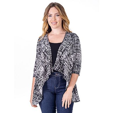 Women's 24Seven Comfort Apparel Black Print Elbow Length Sleeve Open Cardigan