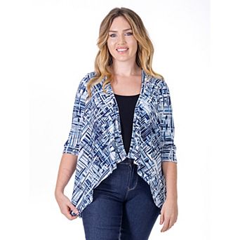 Women's 24Seven Comfort Apparel Navy Print Elbow Length Sleeve Open Cardigan