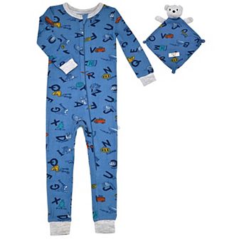 Sleep On It Infant Boys Long Sleeve Soft Snuggle Jersey Zip-Up Coverall Pajama w Blankey Buddy