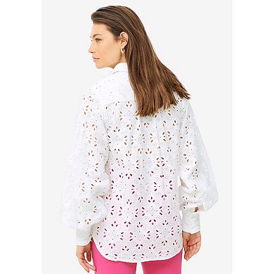 ellos Plus Size Eyelet Button Front Shirt With Blouson Sleeves