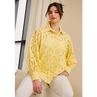 Ellos Plus Size Eyelet Button Front Shirt With Blouson Sleeves