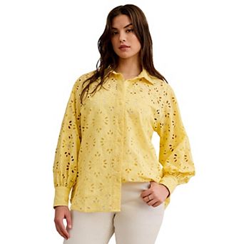 Ellos Plus Size Eyelet Button Front Shirt With Blouson Sleeves