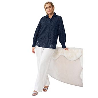ellos Plus Size Eyelet Button Front Shirt With Blouson Sleeves