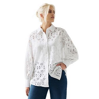 ellos Plus Size Eyelet Button Front Shirt With Blouson Sleeves
