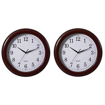 Set Of 2 13.75" Plastic Brown Round Silent, Non-ticking Battery Operated Wall Clock