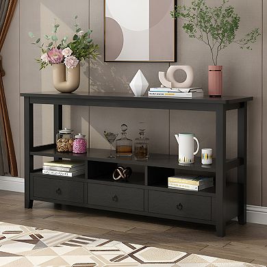 3 Tier Vintage Solid Console Table With 3 Drawers And Shelves