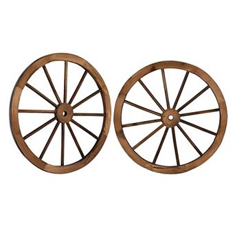 2 pc Old Western Style Garden Art Wall Decor Wooden Wagon Wheel - Brown