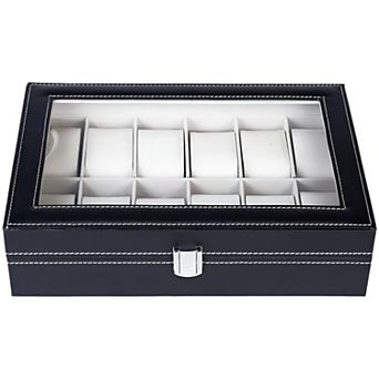 Top-level Opening Style Leather Watch Collection Box with 12 Compartments-Black
