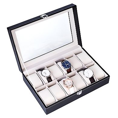 Top-level Opening Style Leather Watch Collection Box with 12 Compartments-Black