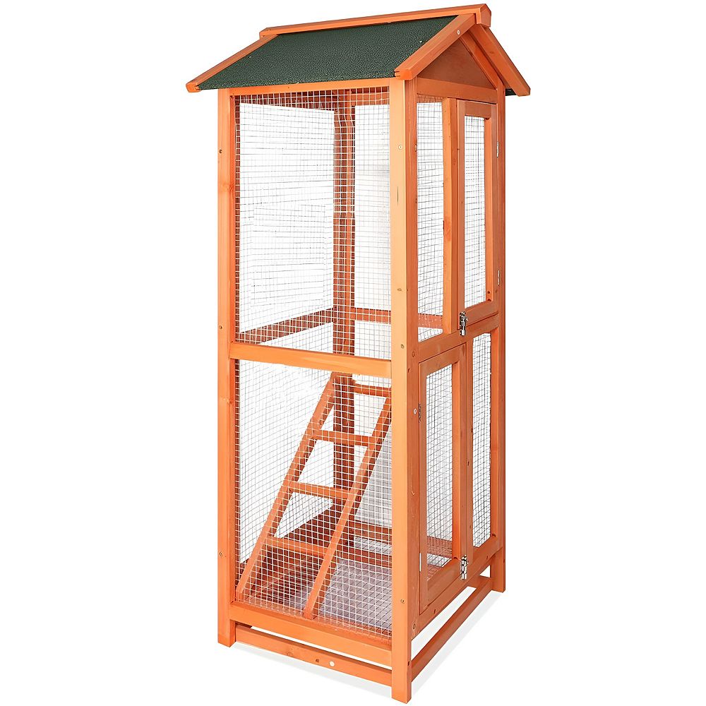 View of Wooden Large Bird Cage Pet Play Covered House Ladder Feeder Stand Outdoor