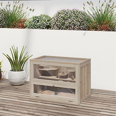 Wooden Hamster Cage - Spacious and Durable Multi-Level Habitat with Secure Wire Mesh for Small Pets