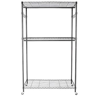 2 tier Rod Closet Organizer, Versatile Storage Solution with Two Hanging Rods and Additional Shelf