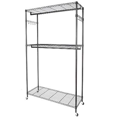 2-Tier Rod Closet Organizer, Versatile Storage Solution with Two Hanging Rods and Additional Shelf
