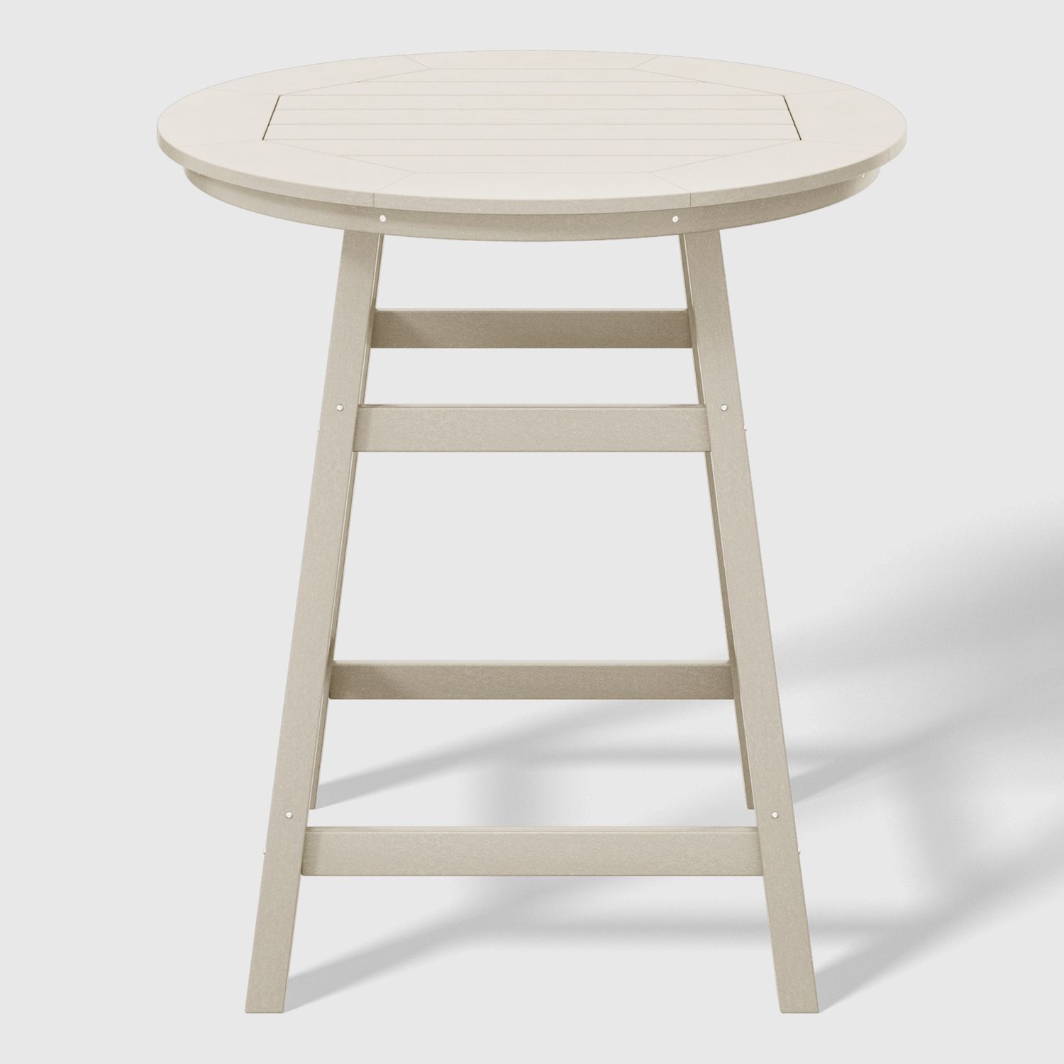 Beige wooden round table with single pair of legs and cross supports