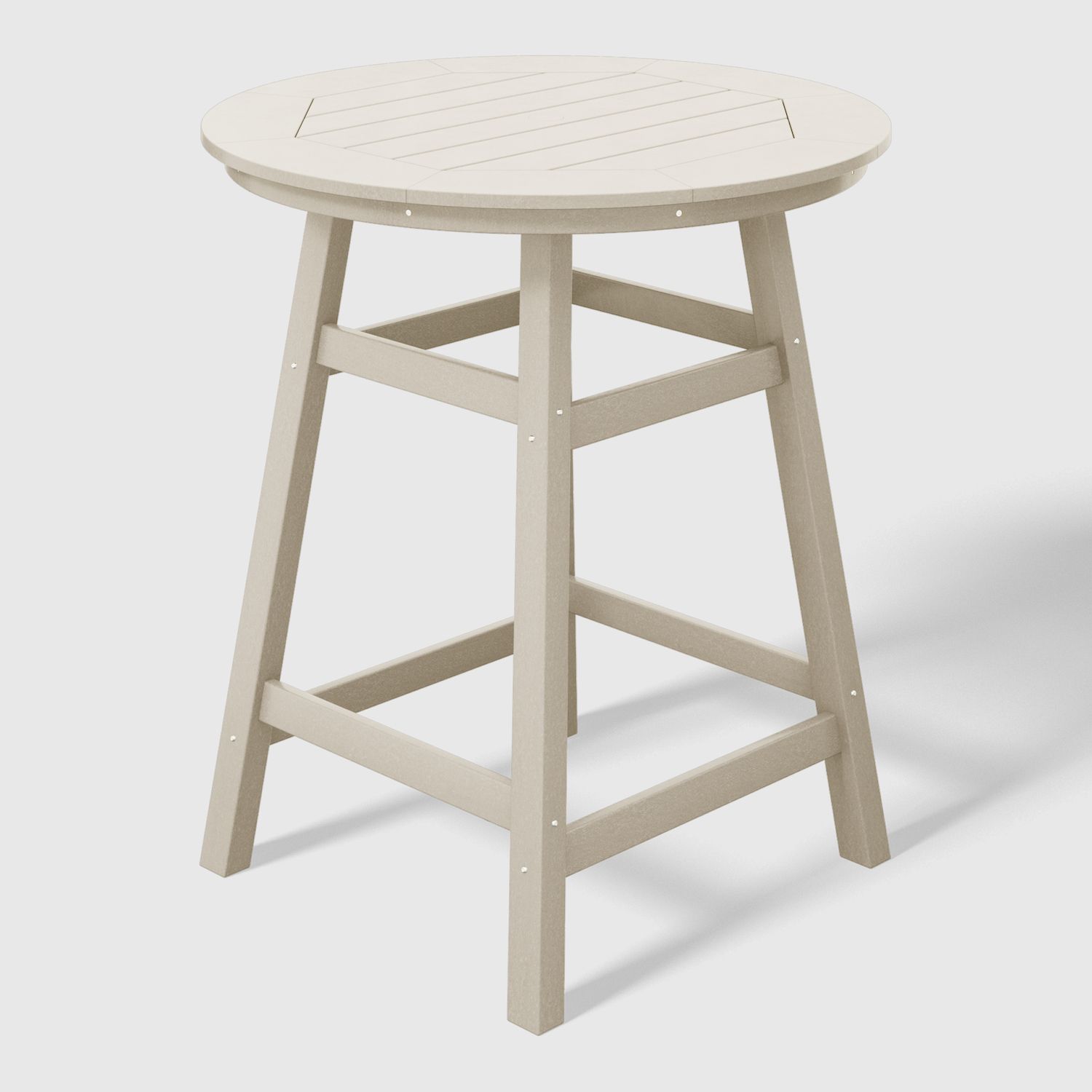 Beige round table close-up showing slatted top and leg structure