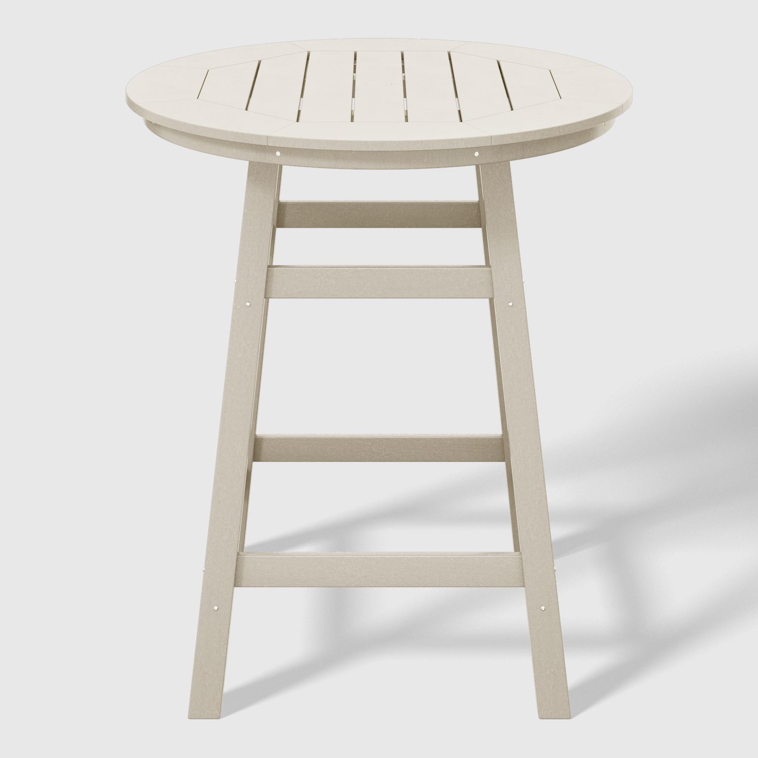 Beige round table with slatted top and ladder-style leg frame