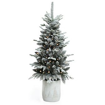 LuxenHome 4ft Pre-lit Snow-flocked Potted Artificial Christmas Tree