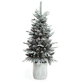 LuxenHome 4ft Pre-lit Snow-flocked Potted Artificial Christmas Tree