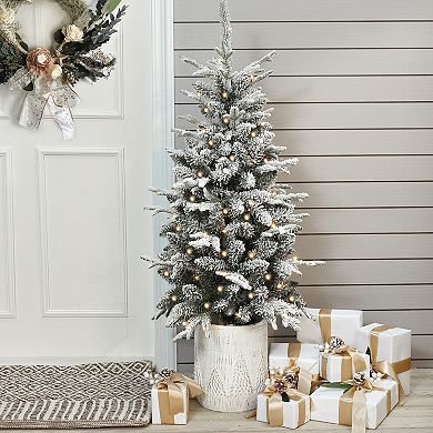 LuxenHome 4ft Pre-lit Snow-flocked Potted Artificial Christmas Tree