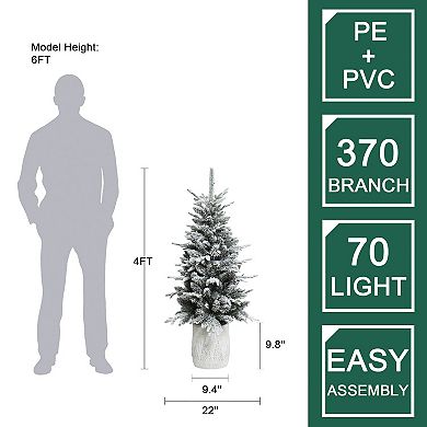 LuxenHome 4ft Pre-lit Snow-flocked Potted Artificial Christmas Tree
