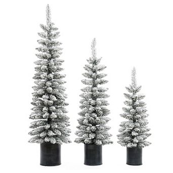 LuxenHome Set Of 3 Snow-flocked Christmas Trees With Metal Pots