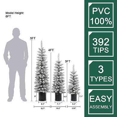 LuxenHome Set Of 3 Snow-flocked Christmas Trees With Metal Pots