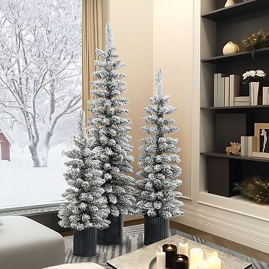LuxenHome Set Of 3 Snow-flocked Christmas Trees With Metal Pots