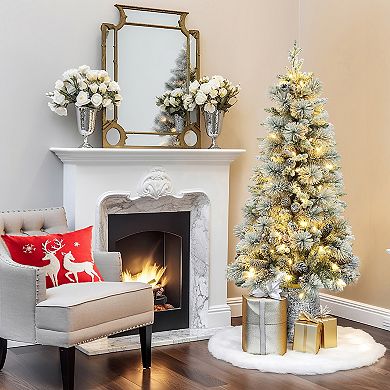 LuxenHome 4ft Pre-lit Green Flocked Potted Artificial Christmas Tree