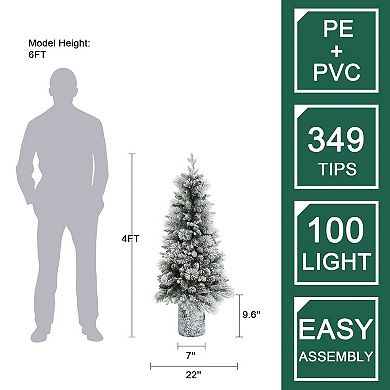 LuxenHome 4ft Pre-lit Green Flocked Potted Artificial Christmas Tree