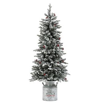 LuxenHome 5ft Pre-lit Potted Artificial Flocked Christmas Tree with Red Holly Berries