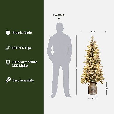 LuxenHome 5ft Pre-lit Potted Artificial Flocked Christmas Tree with Red Holly Berries
