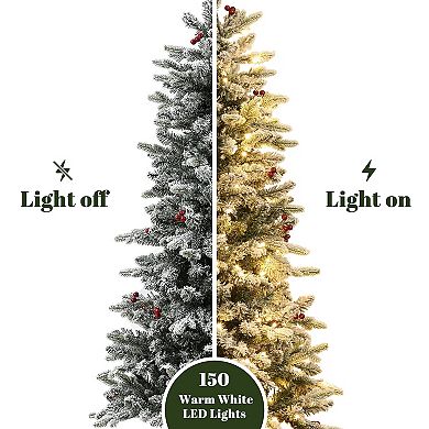 LuxenHome 5ft Pre-lit Potted Artificial Flocked Christmas Tree with Red Holly Berries