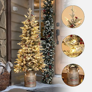 LuxenHome 5ft Pre-lit Potted Artificial Flocked Christmas Tree with Red Holly Berries