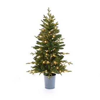 LuxenHome 4.13Ft Pre-Lit Artificial Fir Christmas Tree with Lights and Metal Pot, Holiday Decor