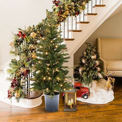 LuxenHome 4.13Ft Pre-Lit Artificial Fir Christmas Tree with Lights and Metal Pot, Holiday Decor