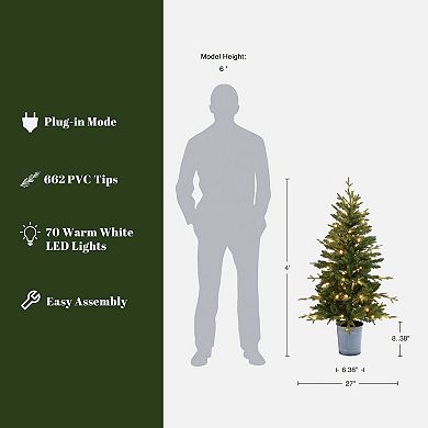 LuxenHome 4.13Ft Pre-Lit Artificial Fir Christmas Tree with Lights and Metal Pot, Holiday Decor