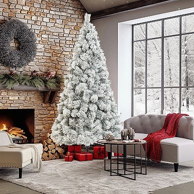 LuxenHome 7.5ft Full Artificial Snow-flocked Christmas Tree