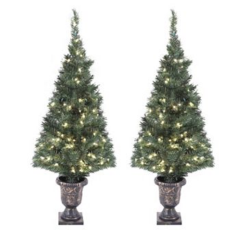 LuxenHome Set Of 2 4ft Pre-lit Artificial Pine Christmas Tree With Urn Pot