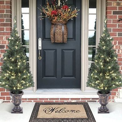 LuxenHome Set Of 2 4ft Pre-lit Artificial Pine Christmas Tree With Urn Pot