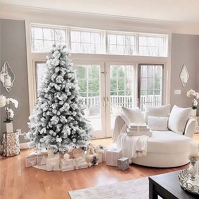LuxenHome 6ft Artificial Flocked Full Pine Christmas Tree With Pinecones