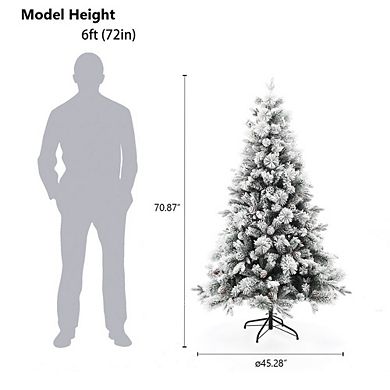 LuxenHome 6ft Artificial Flocked Full Pine Christmas Tree With Pinecones