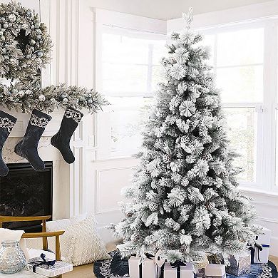 LuxenHome 6ft Artificial Flocked Full Pine Christmas Tree With Pinecones