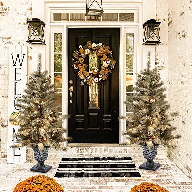 LuxenHome Set Of 2 4ft Pre-lit Artificial Flocked Pine Christmas Tree With Pinecones And Urn Pot