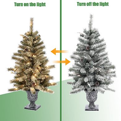 LuxenHome Set Of 2 4ft Pre-lit Artificial Flocked Pine Christmas Tree With Pinecones And Urn Pot