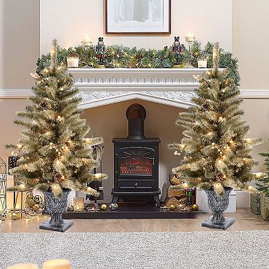 LuxenHome Set Of 2 4ft Pre-lit Artificial Flocked Pine Christmas Tree With Pinecones And Urn Pot