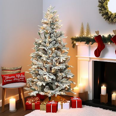 LuxenHome 5ft Pre-lit Full Artificial Flocked Christmas Tree