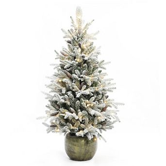 LuxenHome 4.5ft Pre-lit Artificial Flocked Pine Tree With Pinecones And Pot