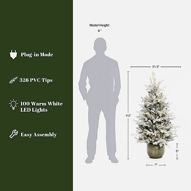 LuxenHome 4.5ft Pre-lit Artificial Flocked Pine Tree With Pinecones And Pot