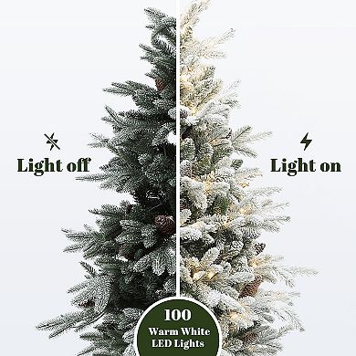 LuxenHome 4.5ft Pre-lit Artificial Flocked Pine Tree With Pinecones And Pot