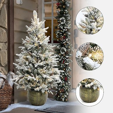 LuxenHome 4.5ft Pre-lit Artificial Flocked Pine Tree With Pinecones And Pot